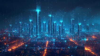 Obraz premium Cyberpunk Cityscape with Glowing Lights and Network Connections