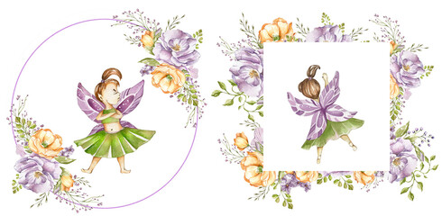 Set of Watercolor Elements - Cute Funny Fairy Girl, Flowers, Wreath. Children's Fairytale Illustration. For Children's Room Design, Posters, Postcards, Textiles.