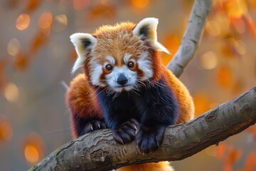 Fototapeta premium A red panda perched on a tree branch, its fluffy tail curled around its body and its curious eyes looking directly at the camera. 