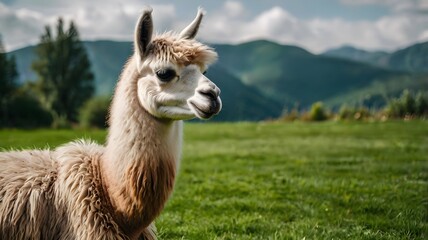 Obraz premium Close up wildlife animal llama on the green field