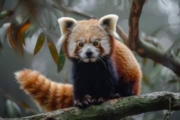 Fototapeta premium A red panda perched on a tree branch, its fluffy tail curled around its body and its curious eyes looking directly at the camera. 