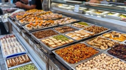 A baker carefully arranges freshly baked pastries on a display in an open-air market