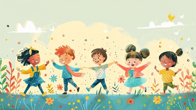 Illustration of children from different ethnic backgrounds playing together, promoting fun and unity