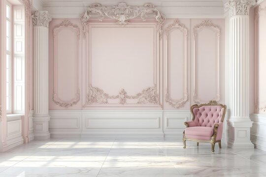 Backdrop interior of a pink room in a palace. Panelled wall and marble floor.