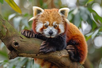 Obraz premium A red panda perched on a tree branch, its fluffy tail curled around its body and its curious eyes looking directly at the camera. 