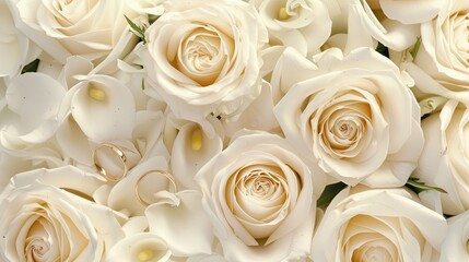Two gold wedding bands are placed on a white marble surface with a bouquet of white roses in the corner