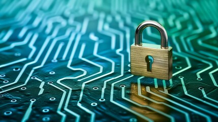 Cybersecurity Concept: Padlock on Digital Circuit Board Background Illustrating Data Protection