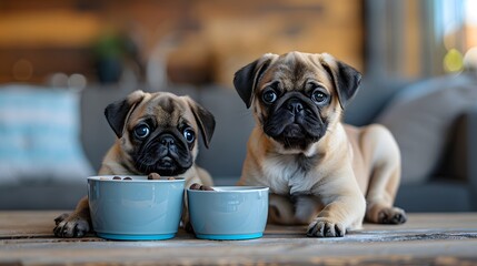A six week old purebred pug puppy and it´s pug mother, in front of their water and food bowls