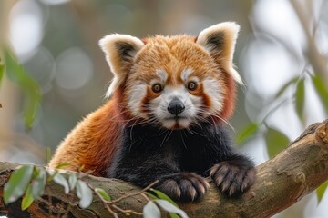 Fototapeta premium A red panda perched on a tree branch, its fluffy tail curled around its body and its curious eyes looking directly at the camera. 