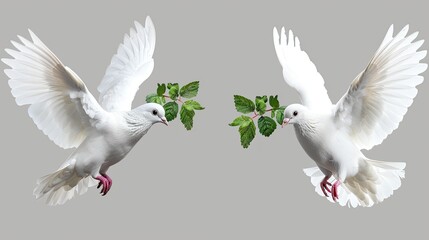 Obraz premium Two white doves fly with their wings spread, near green leaves, on a white background