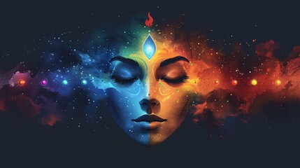 Face with Chakras and Colorful Nebula.