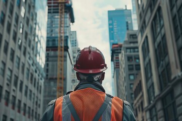 Obraz premium Construction worker in hard hat and reflective vest looking towards skyscrapers in the city. Concept of urban development, construction, and building.