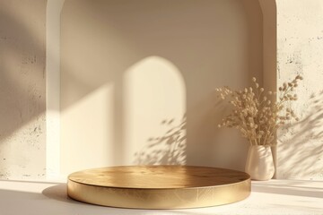 Minimalist product display with golden podium, dried flowers, sunlight and shadow in a neutral colored room. Ideal for beauty and product advertisement.
