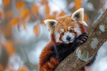 Fototapeta premium A red panda perched on a tree branch, its fluffy tail curled around its body and its curious eyes looking directly at the camera. 