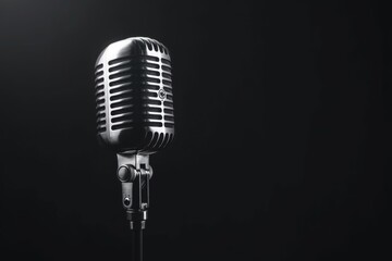 Vintage Microphone on Stand, Black and White, Isolated on Black Background