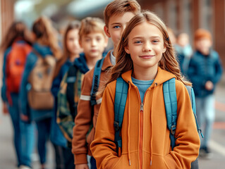 A young girl with backpack. Back to school concept. Happy cute teenage student near school building.