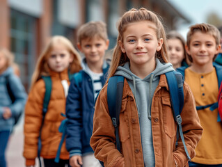 A young girl with backpack. Back to school concept. Happy cute teenage student near school building.