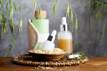 Organic oatmeal skin care cream serum product with ears. natural organic beauty cosmetics concept.
