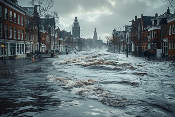 Flooded street in European city with waves and dramatic sky, concept of climate change, natural disaster and global warming
