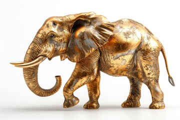 Fototapeta premium Golden elephant sculpture isolated on white background, animal figurine. Decorative art, gift, home decor, lucky charm, African animal symbol.
