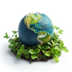 Globe surrounded by green plants symbolizing sustainability, nature, environment protection, and climate change. Concept of global warming and eco-friendly lifestyle.