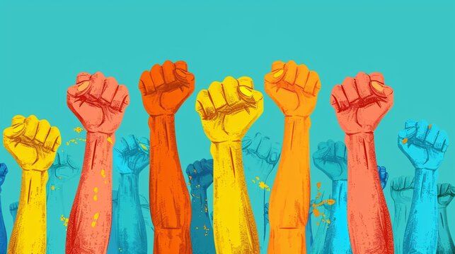 Vector poster with diverse hands raised in unity, symbolizing solidarity and activism