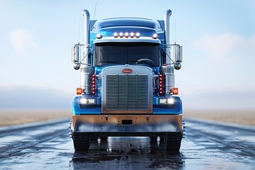 Blue Semi-Truck on Wet Road, Front View