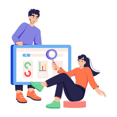 A flat character illustration of seo team research 