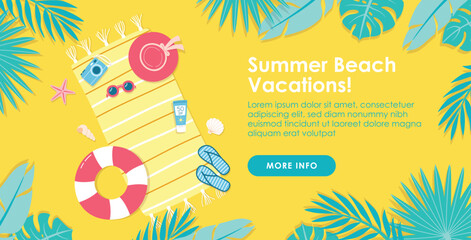 Summer vacations web banner template. Screen layout for web site. Summer beach vacations promotion