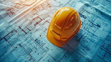 Yellow Construction Helmet on Blueprints