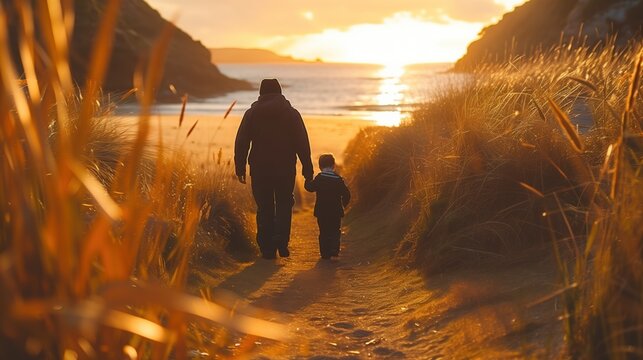 A parent and child walk hand in hand down a beach path at sunset, surrounded by tall grasses and a view of the ocean.