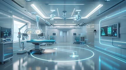 Futuristic, high-tech operating room with advanced medical equipment, sleek design, blue lighting, and digital displays for healthcare and surgery.