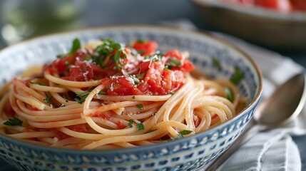 Fresh Tomato Basil Spaghetti in Ornate Bowl on Table