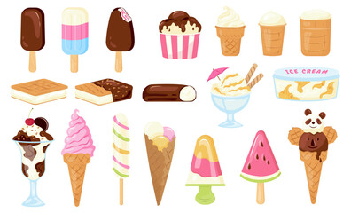 Big vector set of different ice cream in waffle cone and bars ice creams with different flavours chocolate, vanilla, fruits. Hand drawn ice-cream popsicle with sprinkling, scoop balls in cups isolated