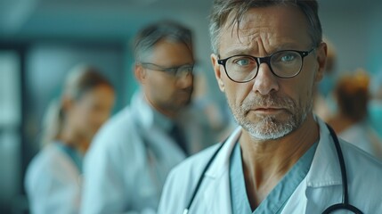 Fototapeta premium Serious Doctor with Colleagues in Background