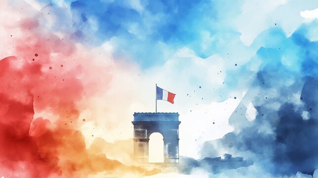 Watercolor illustration celebrating French National Day with arc de triomphe with flag.