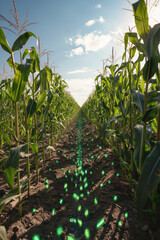 Futuristic cornfield with AI technology. Corn plants in a field with green glowing icons on the soil under a clear sky. Concept of advanced agriculture and innovation background.