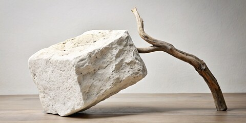 Abstract composition of a stone block and a dry branch for a print in the style of interior art.  Perfect for adding a touch of natural, organic texture to your interior design projects.