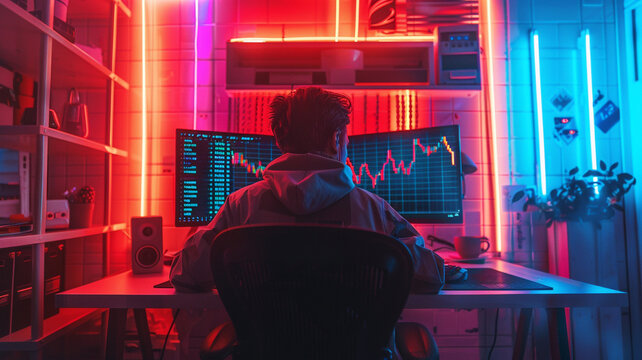 Photograph of one man in a bedroom trading cryptocurrencies. Crypto