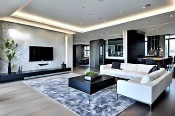 Sleek design, vibrant colors, open spaces, elegant furnishings, modern elegance.