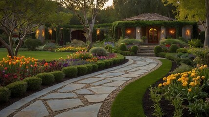 Obraz premium The front yard of the house is made into a flower garden