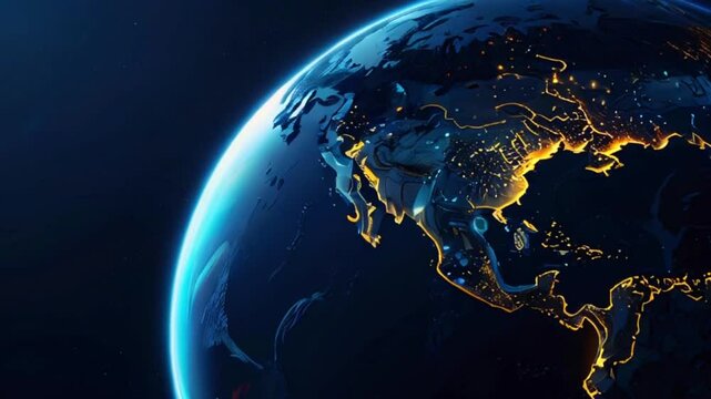 A blue and black globe of the Earth showing North and South America, Europe, Africa, and Asia. The continents are outlined in yellow and the major cities are lit up in yellow and white.