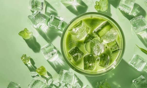 Top view of a refreshing iced matcha latte with foam, served in a clear glass on a pastel green background