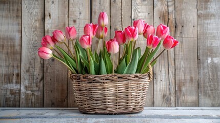 Blooming tulips in a basket set against a wooden backdrop