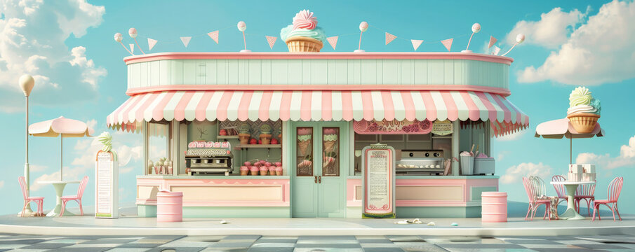 Ice cream background with a vintage-inspired design of an old-fashioned ice cream parlor. The nostalgic elements and pastel colors create a charming and delightful atmosphere.
