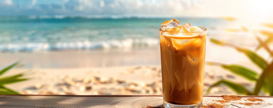 Iced coffee latte background showcasing a beach setting with a glass of iced coffee on a wooden table. The sand, sea, and sun in the background evoke a perfect summer day, making the iced coffee look