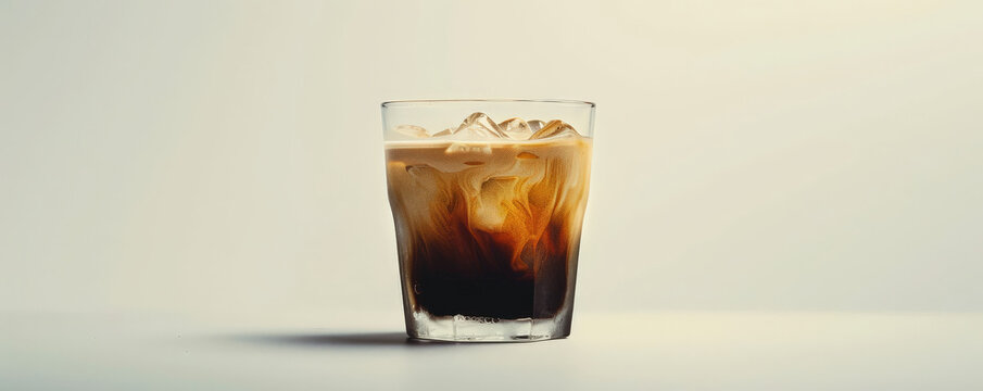 Iced coffee latte background showcasing a minimalist design of a single glass of iced coffee against a clean, white background. The simplicity and elegance of the scene highlight the refreshing drink.