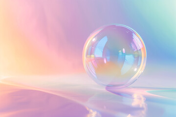 A delicate soap bubble reflecting rainbow colors against a pastel backdrop. Minimalist, dreamy and colorful concept.