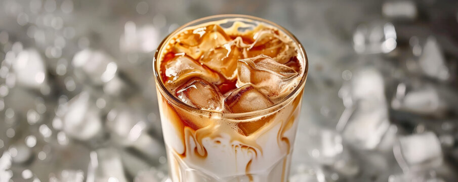 Iced coffee latte background with a focus on the intricate layers of the coffee, milk, and ice cubes. The glass is set against a minimalist gray backdrop, highlighting the textures and colors of the