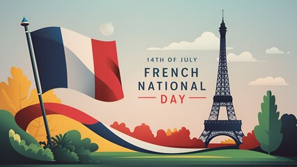 Illustration celebrating french national day with eiffel tower and french flag.